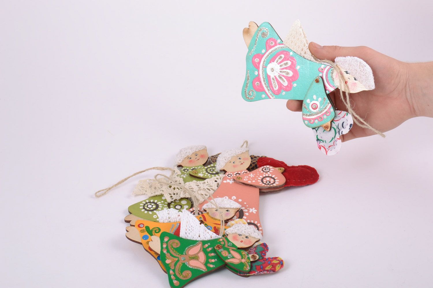 Set of 5 handmade designer painted colorful wooden angel decorations with aroma photo 4