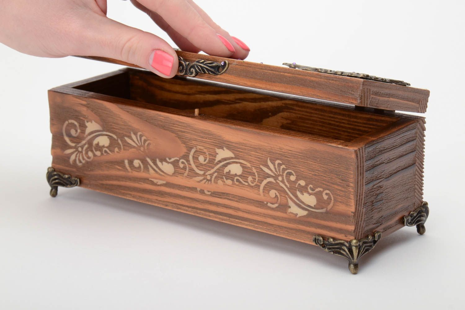 Handmade decoupage pine wood rectangular box with drawing photo 5
