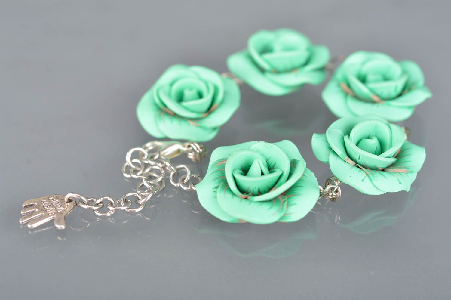 Beautiful handmade women's polymer clay flower bracelet with mint colored roses photo 1