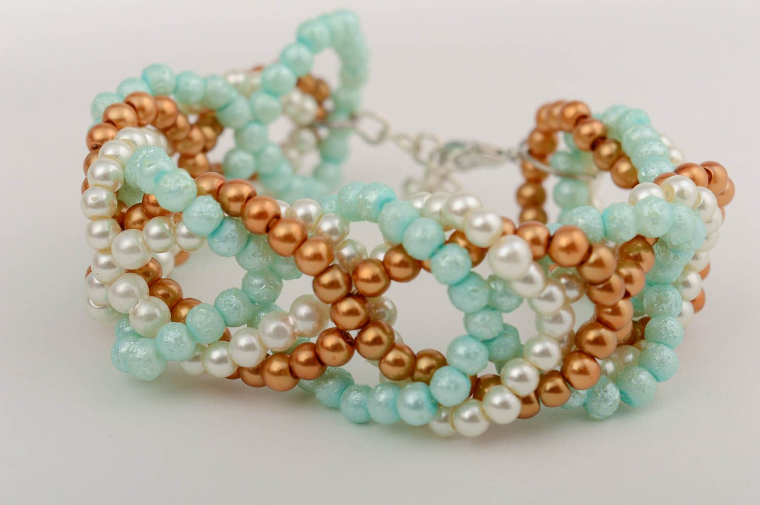 Handmade woven wrist bracelet with colorful light ceramic pearls for women photo 2