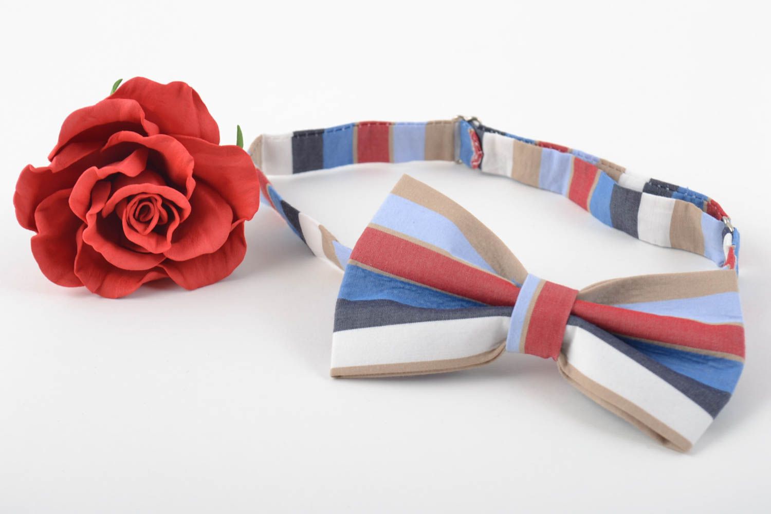 Unusual handmade striped cotton fabric bow tie unisex accessory photo 1