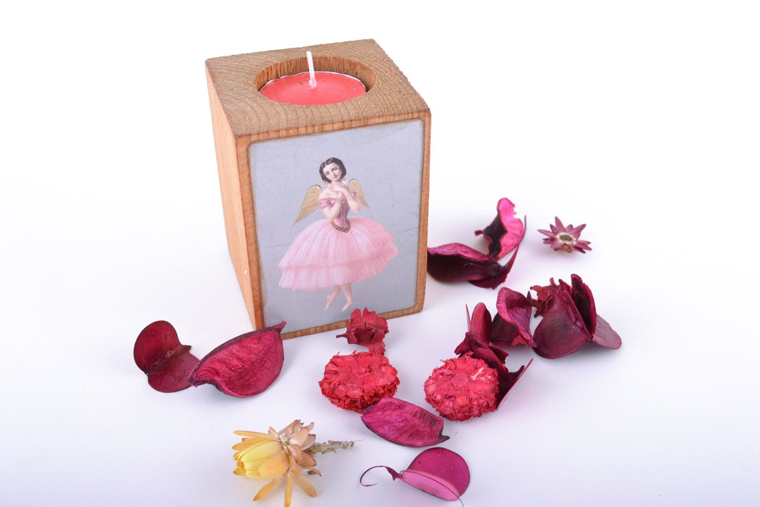 Light handmade wooden holder for one tablet candle with picture photo 1