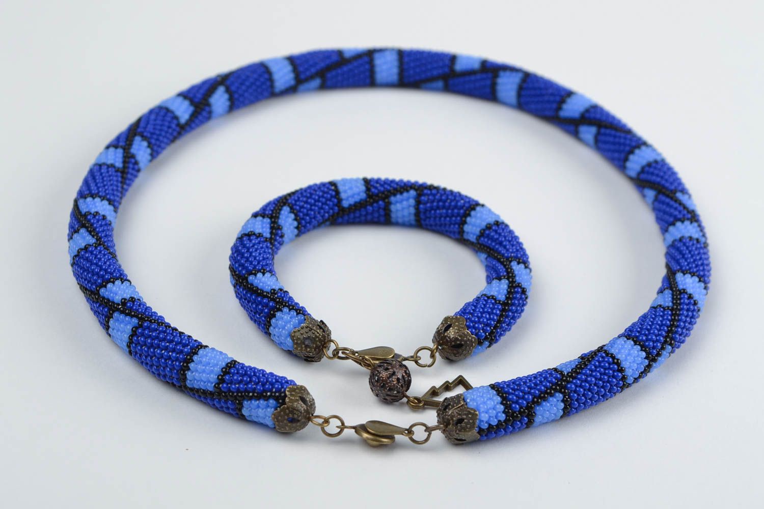 Bracelet and necklace made of Czech beads in blue shades handmade set of jewelry photo 4