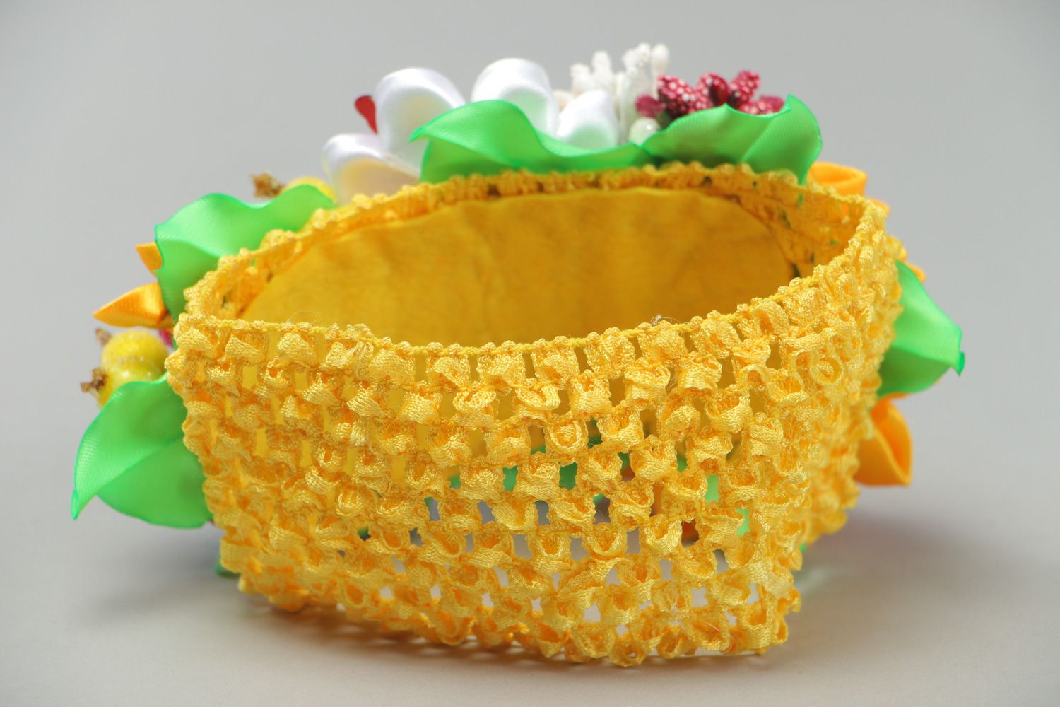 Bright colorful handmade wide elastic headband with artificial flowers photo 3