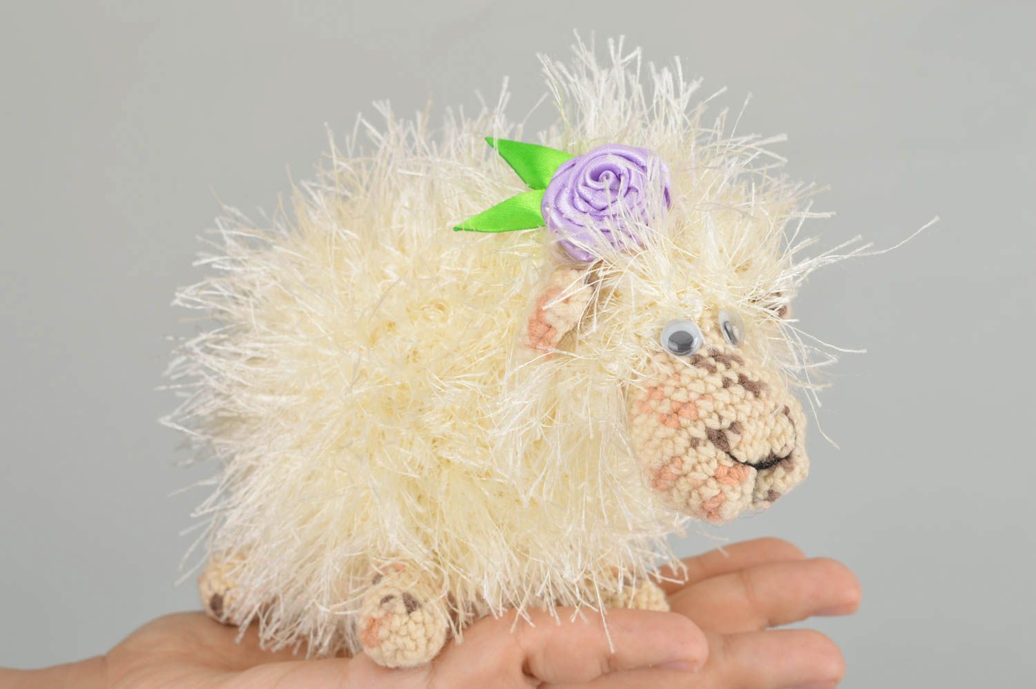 Handmade small fluffy soft toy crocheted of acrylic threads beige lamb  photo 4