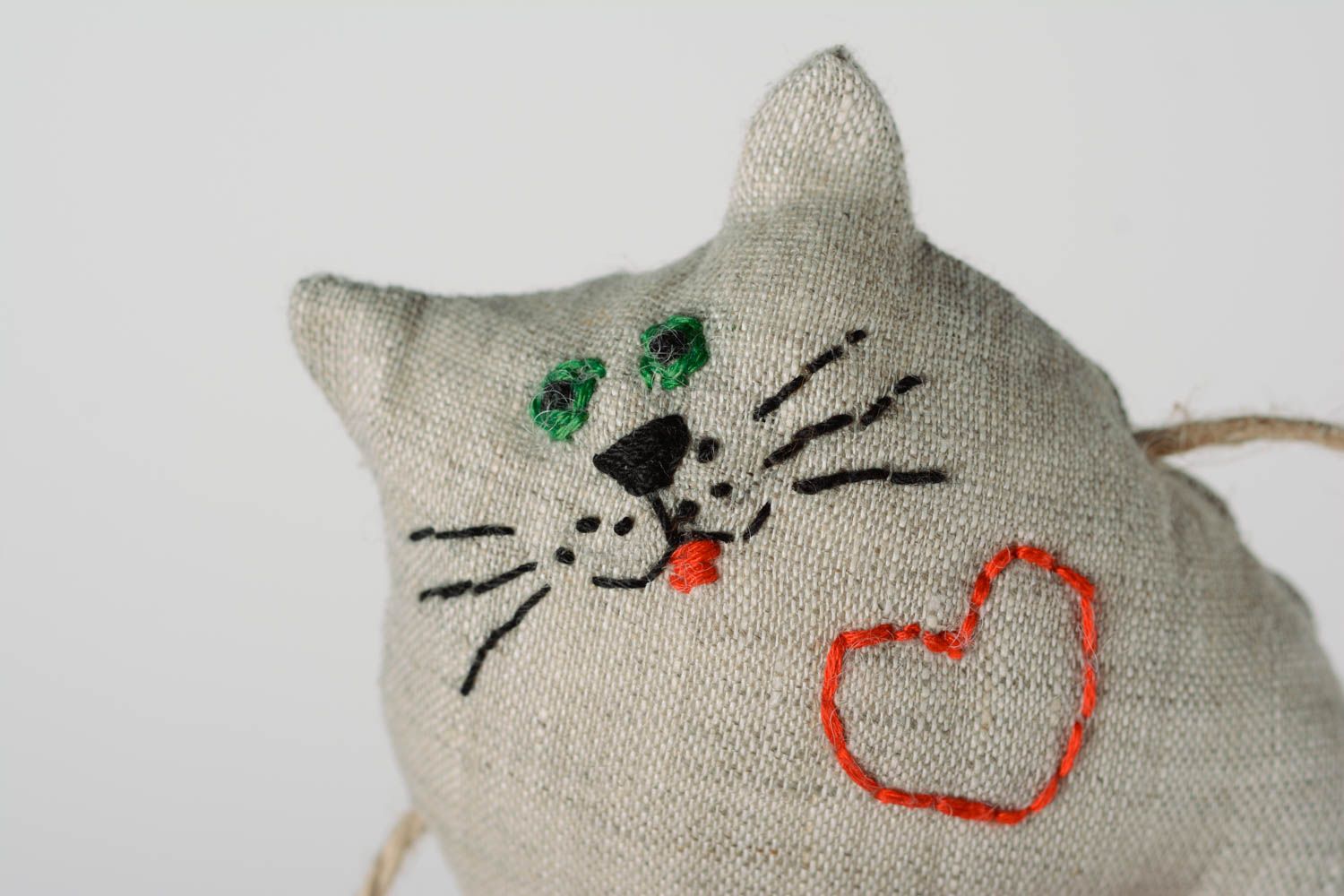 Small handmade linen fabric soft toy kitten with heart for children and interior photo 2