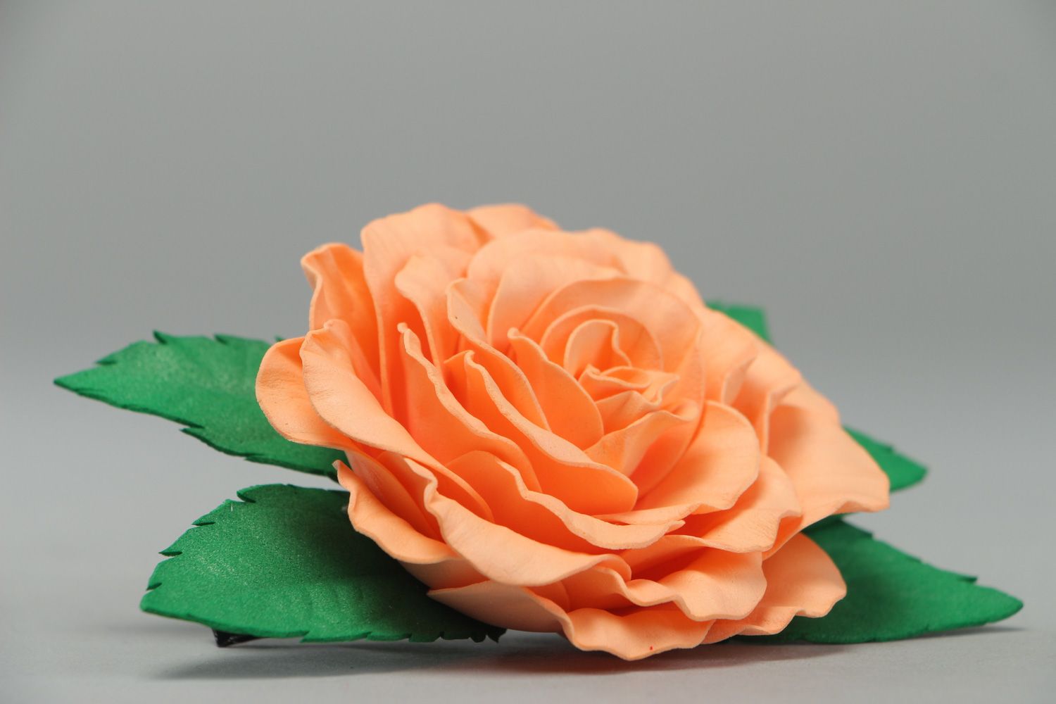 Handmade festive hair clip with volume foamiran flower of orange color photo 2