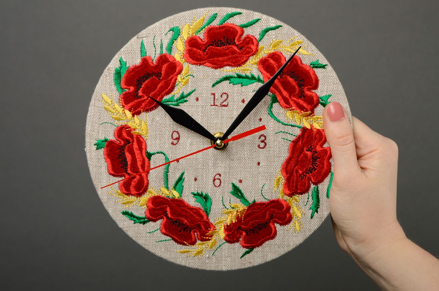 Unusual round wall clock with embroidery photo 5