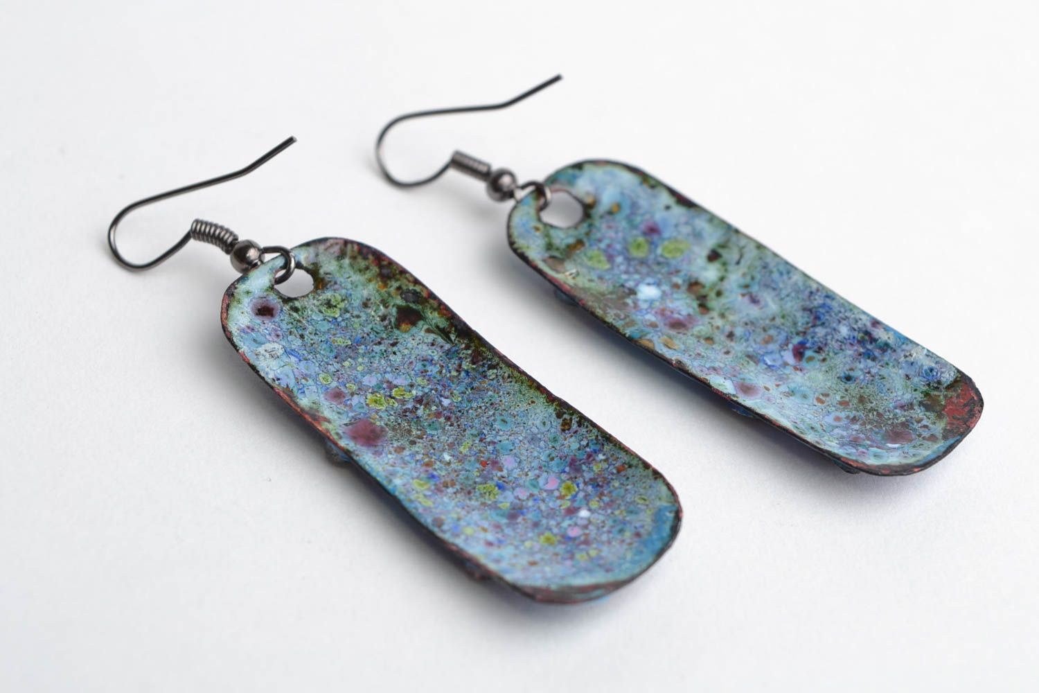 Handmade bright rectangular long copper enameled dangling earrings Blue Stars photo 5