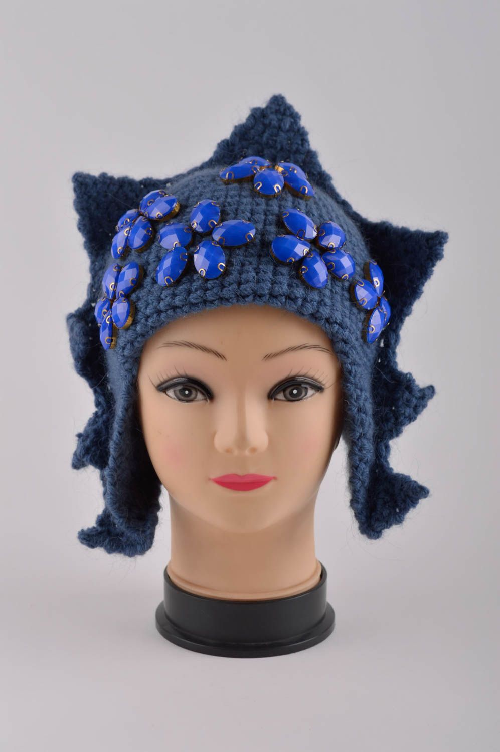 Вязаная шапочка из шерсти ручной работы женская шапка синяя шерстяная шапка фото 3