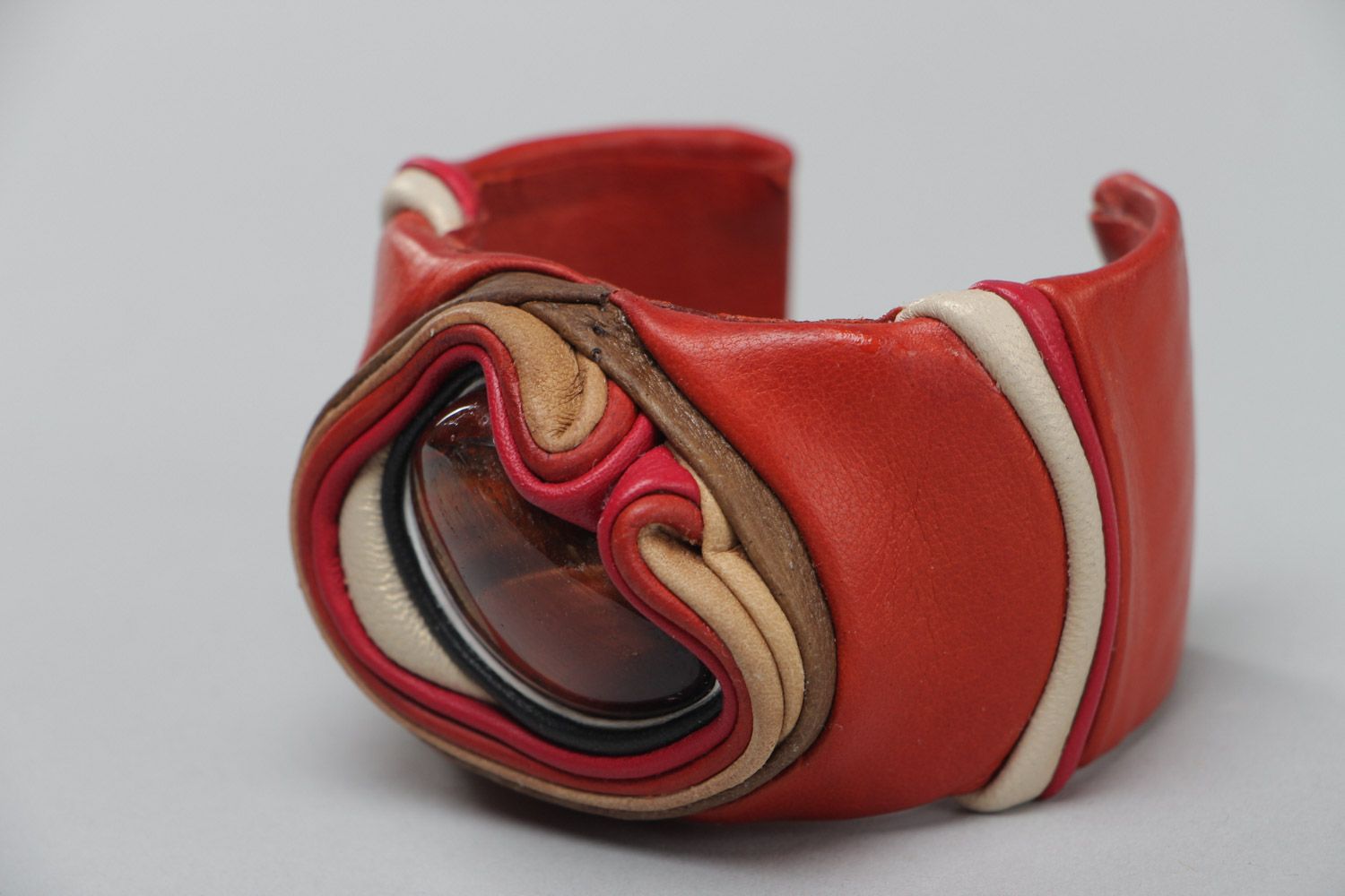 Handmade massive genuine leather wrist bracelet of red color adjustable size photo 3