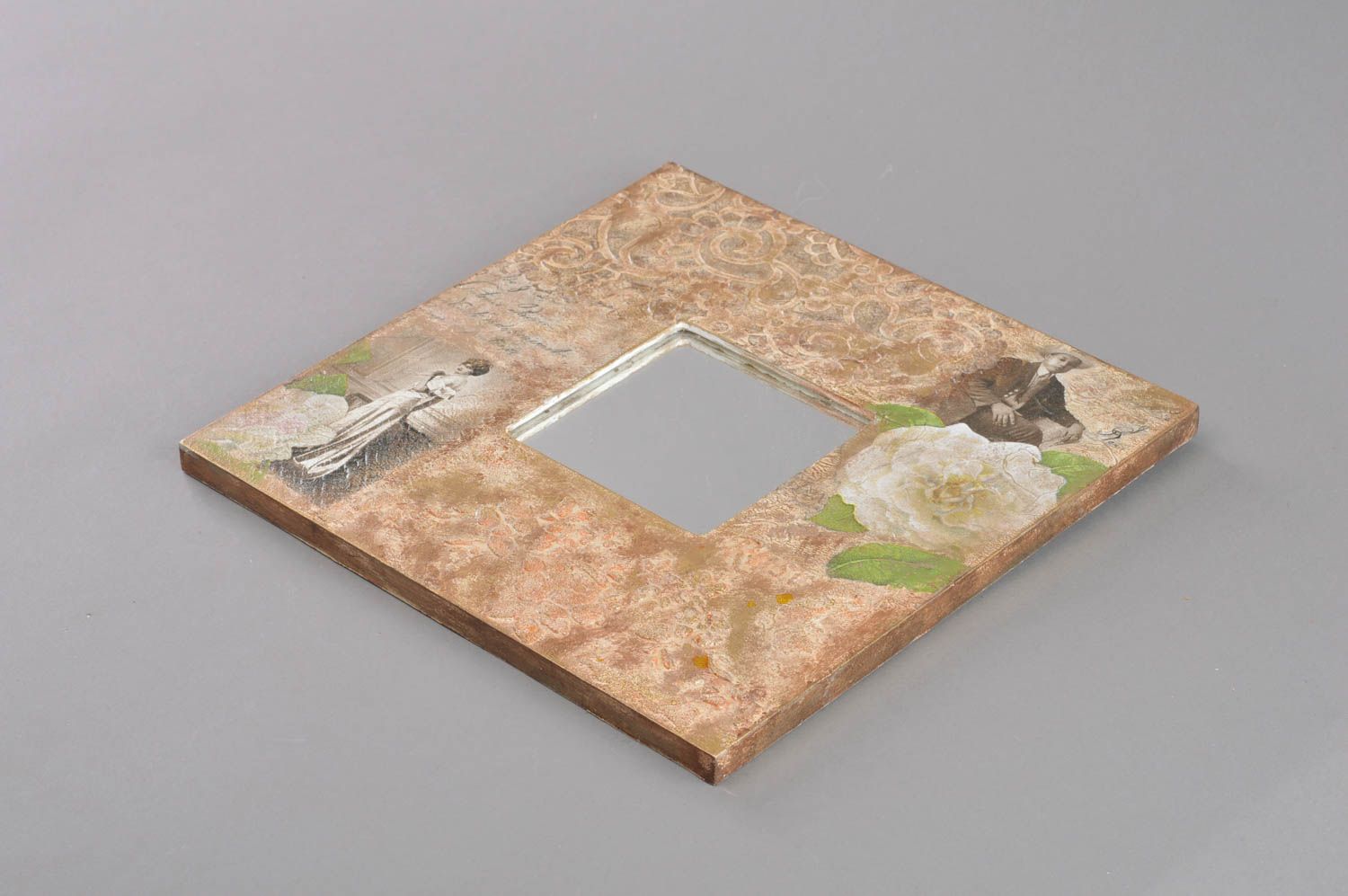 Beautiful handmade square decoupage mirror in brown wooden frame photo 1
