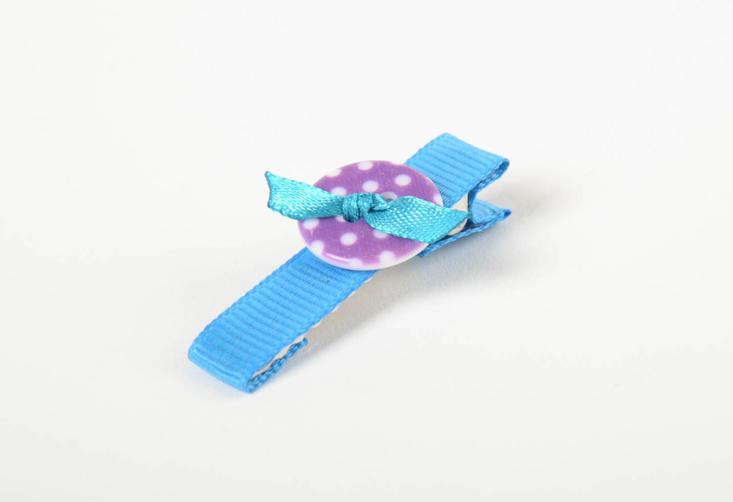 Hairpin for baby made of rep ribbon with blue button handmade hair accessory photo 2