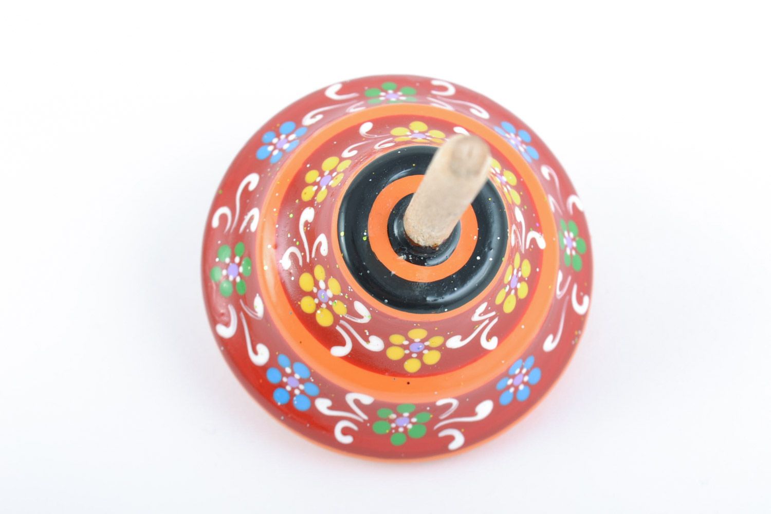 Beautiful handmade designer small wooden children's spin top toy with bright painting photo 5