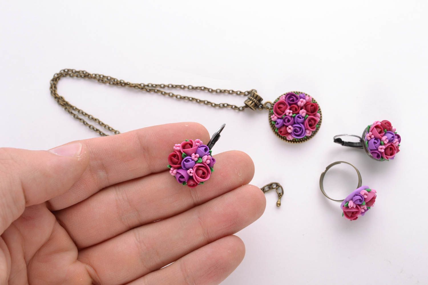 Handmade polymer clay jewelry set pendant earrings and ring photo 2