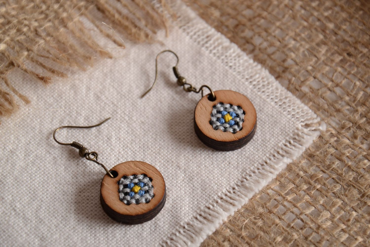 Handmade small plywood earrings with cross stitch embroidery in eco style photo 1