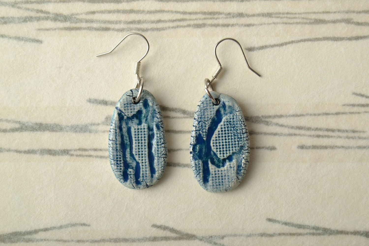 Ceramic earrings of oval shape painted with enamels photo 1