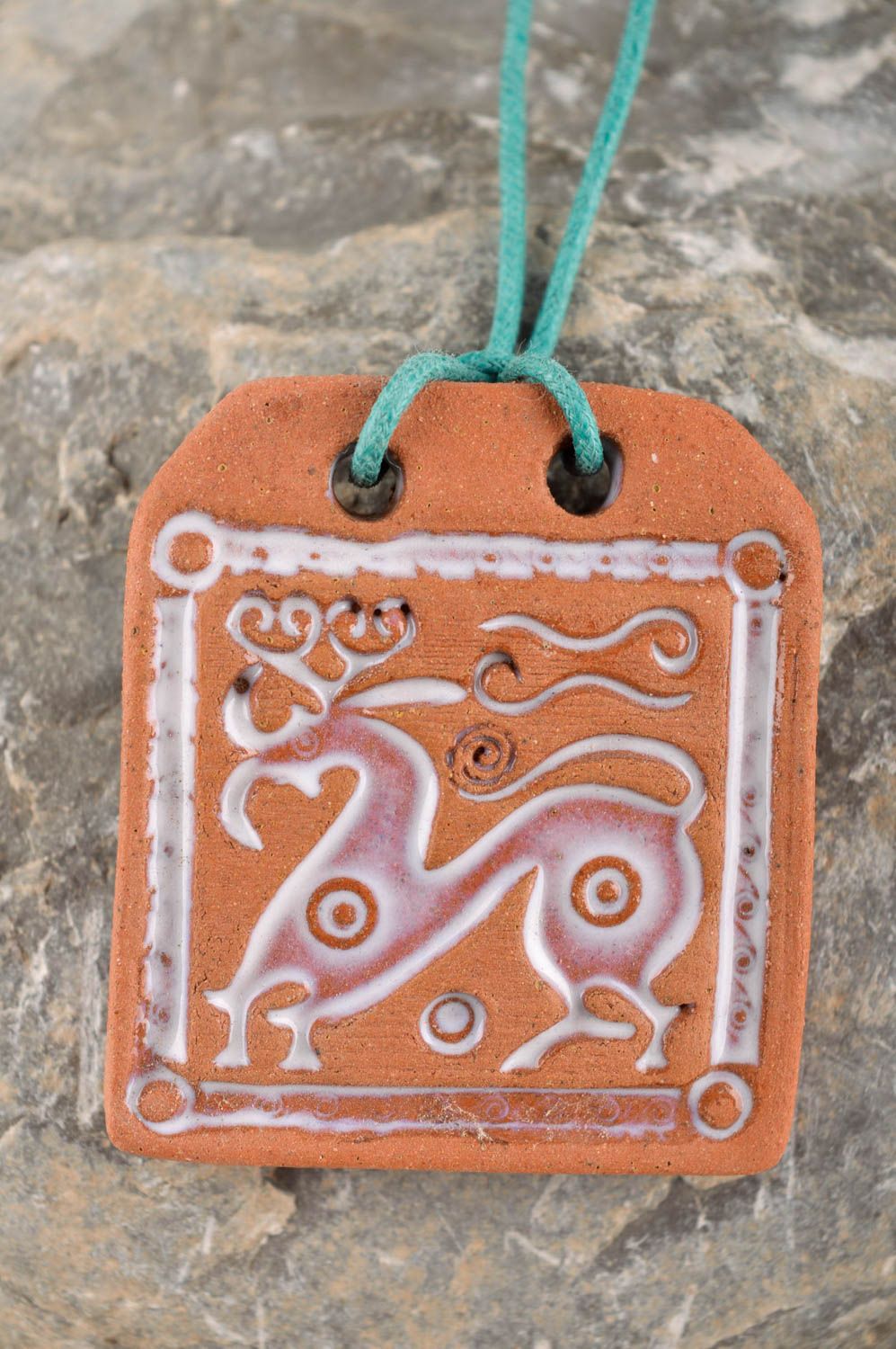 Pendentif céramique Bijou fait main carré marron sur cordon Cadeau pour femme photo 2