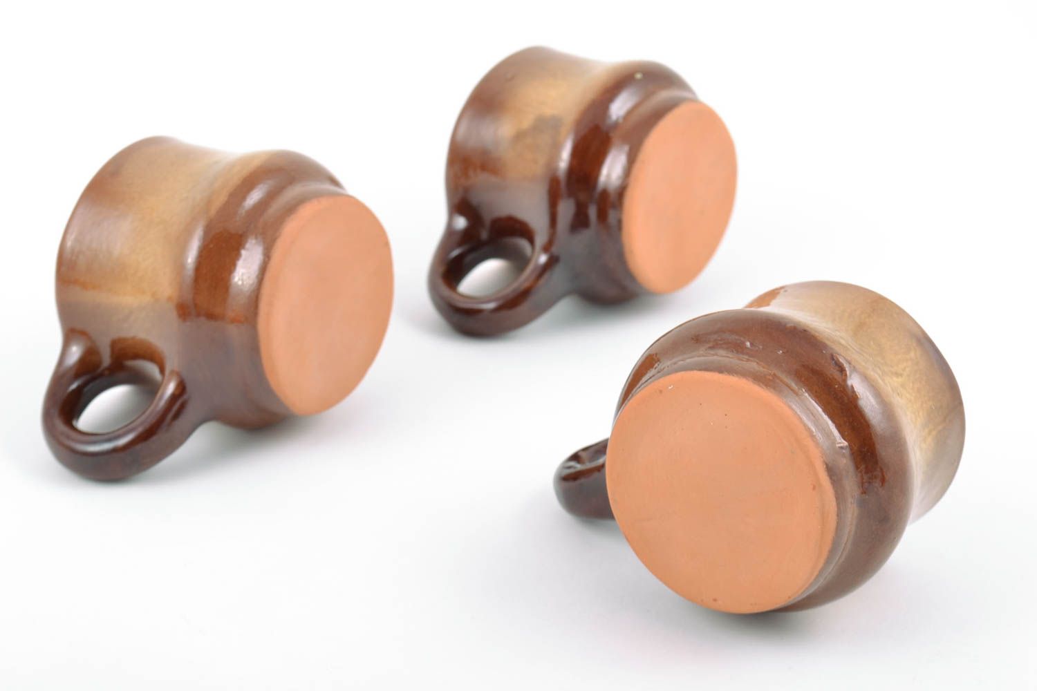 Handmade brown glazed clay cups set 3 pieces 150 ml eco kitchenware photo 3