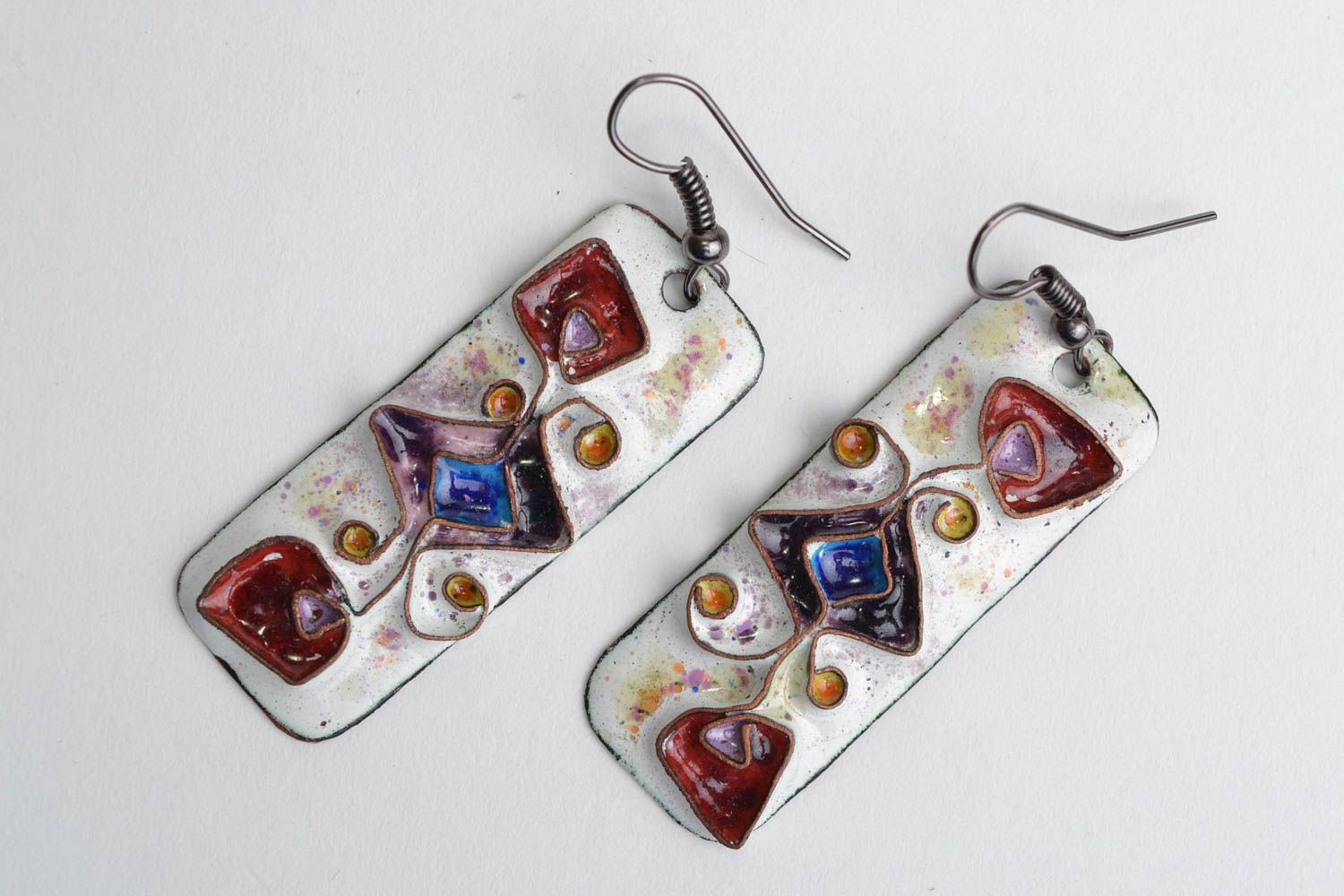 Handmade designer enameled copper dangling earrings of rectangular shape  photo 1