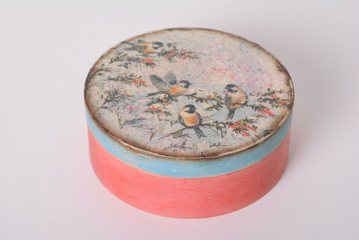 Handmade round wooden jewelry box decorated with decoupage photo 1