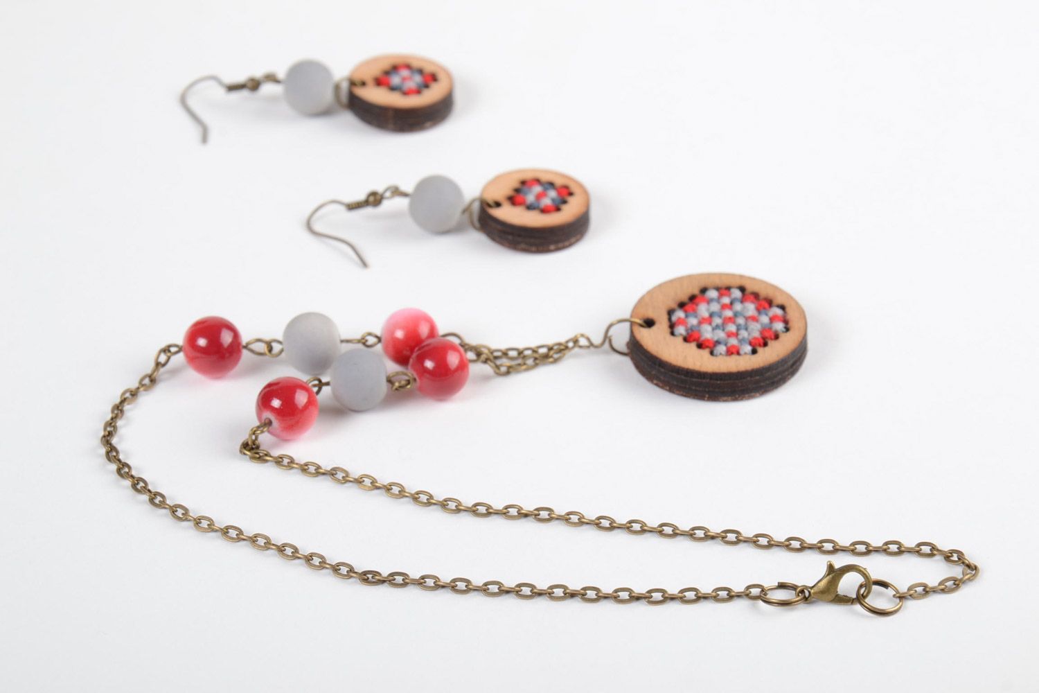 Set of handmade plywood jewelery round pendant and earrings with embroidery and beads photo 4