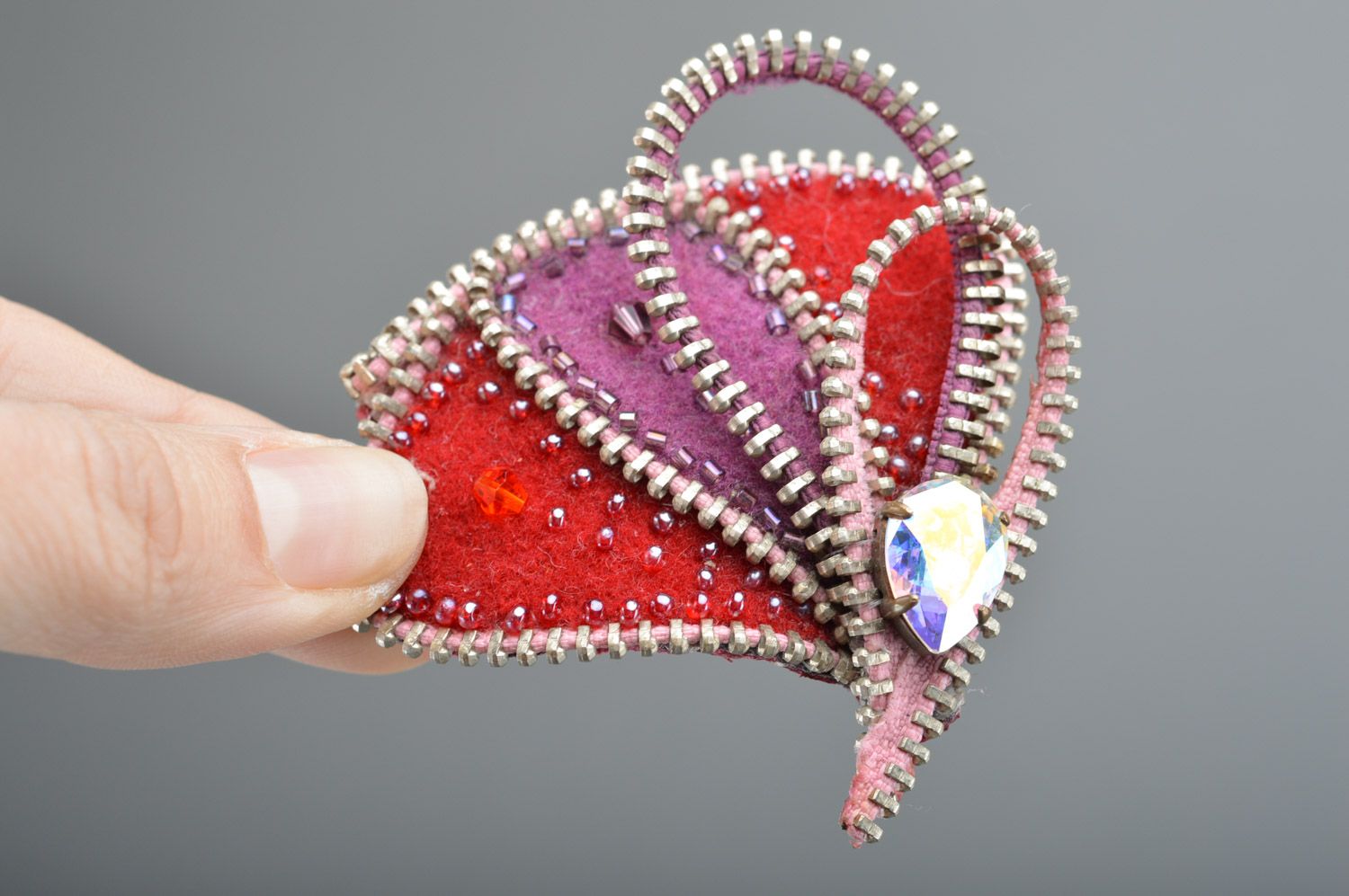 Handmade colorful cashmere brooch with rhinestone and zippers for outer clothing photo 4