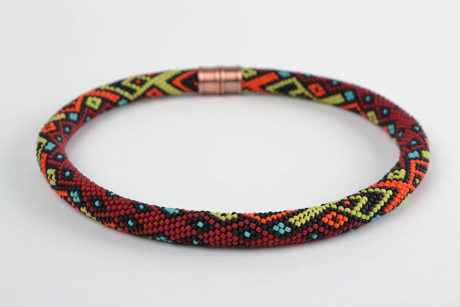 Bright handmade short beaded cord necklace woven of Czech beads beautiful photo 4