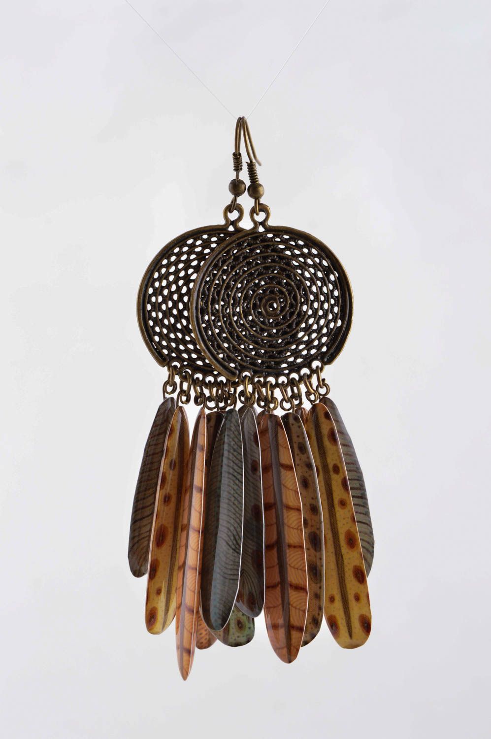 Handmade designer brown earrings metal dangling earrings elegant accessory photo 3