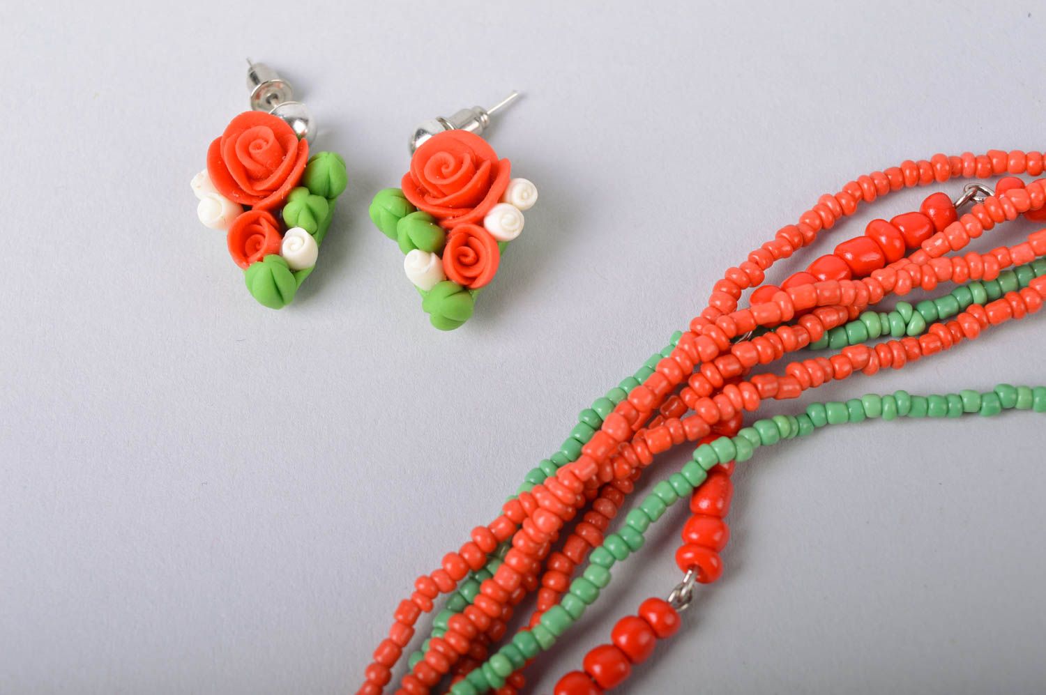 Handmade red flower jewelry set made of cold porcelain earrings and necklace photo 4