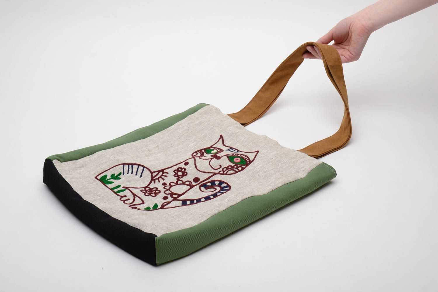 Bolso de tela de lino con gato bordado foto 5