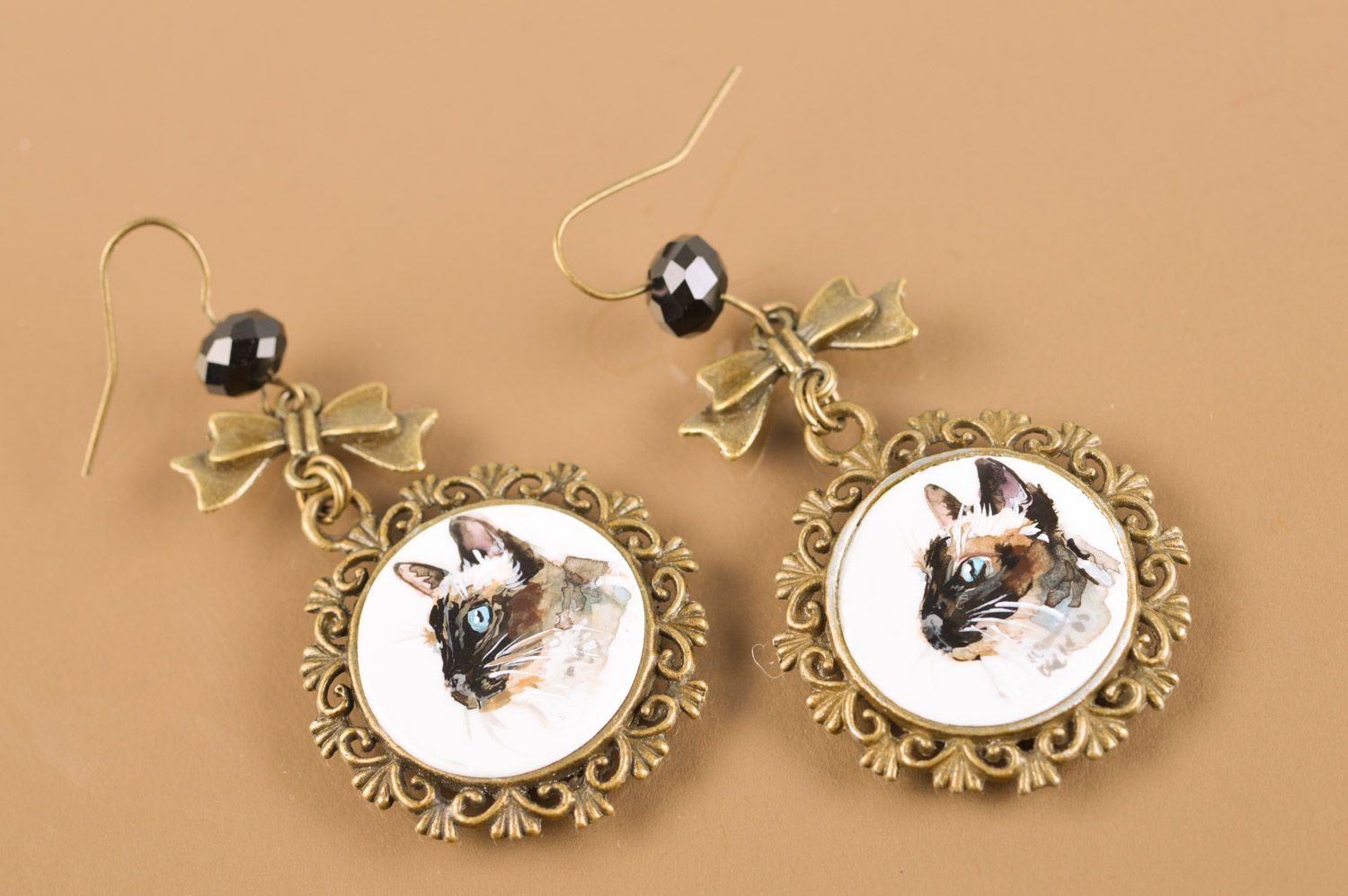 Long handmade metal earrings with miniature painting Siamese Cats photo 2