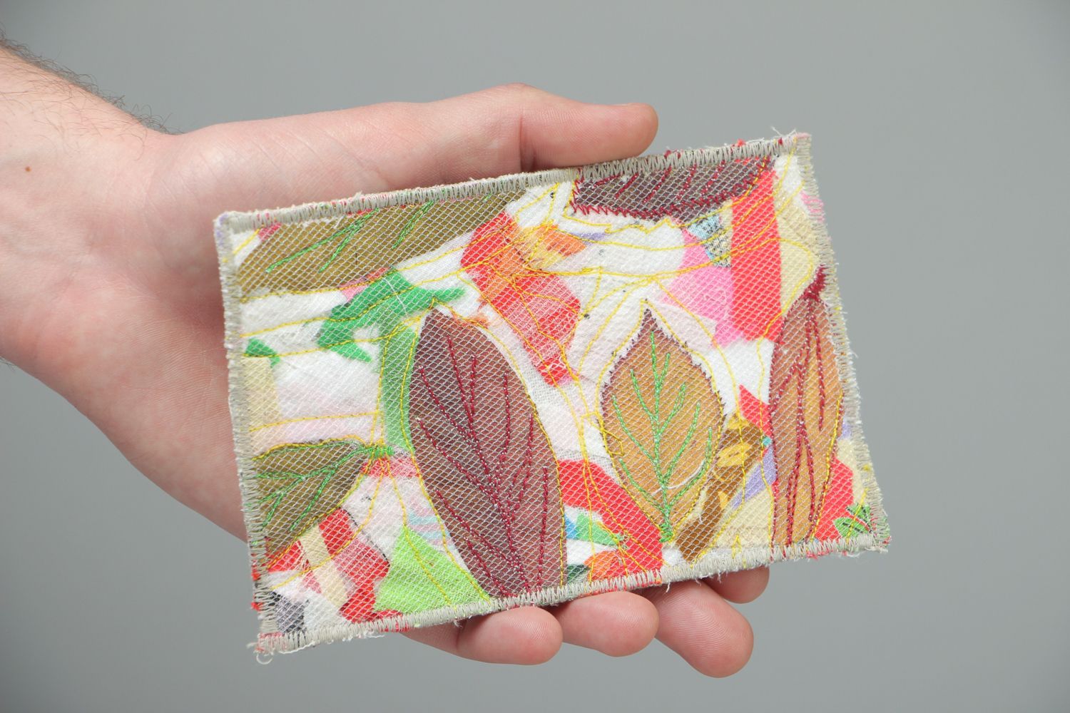 Tableau en patchwork tissu avec feuilles naturelles fait main photo 4