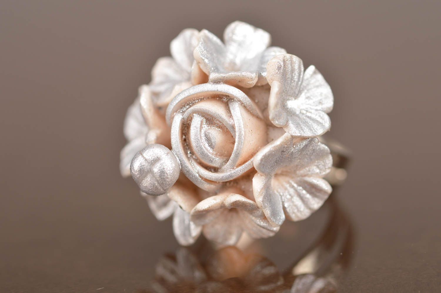 Handmade polymer clay silver floral volume designer jewelry ring on metal basis photo 5