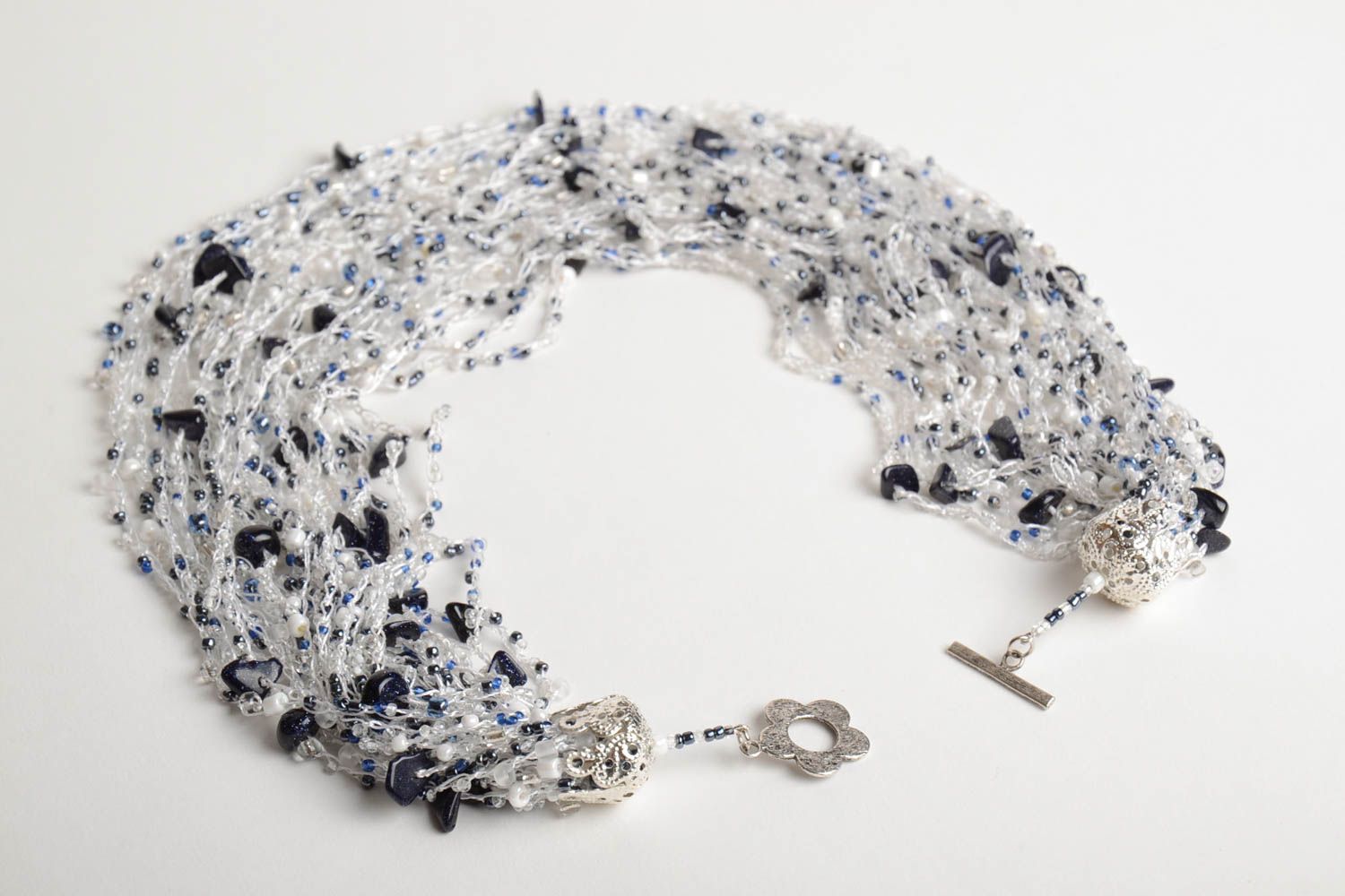 Black and white handmade designer woven bead necklace airy multirow photo 4