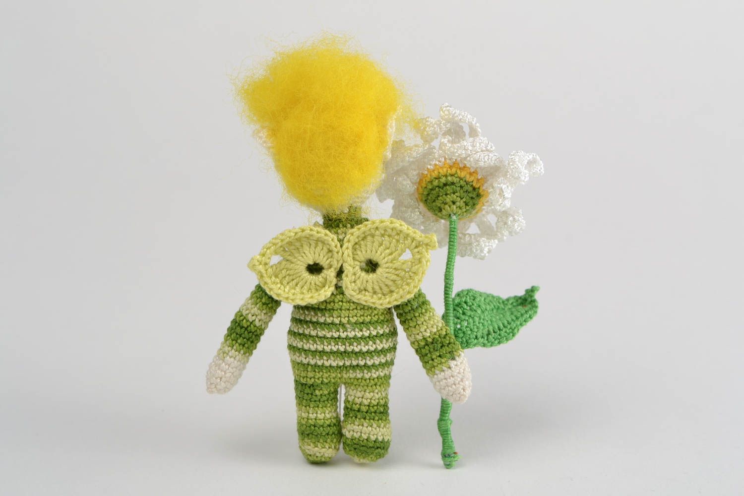 Handmade small soft toy crocheted of cotton threads Small Elf with Chamomile photo 5