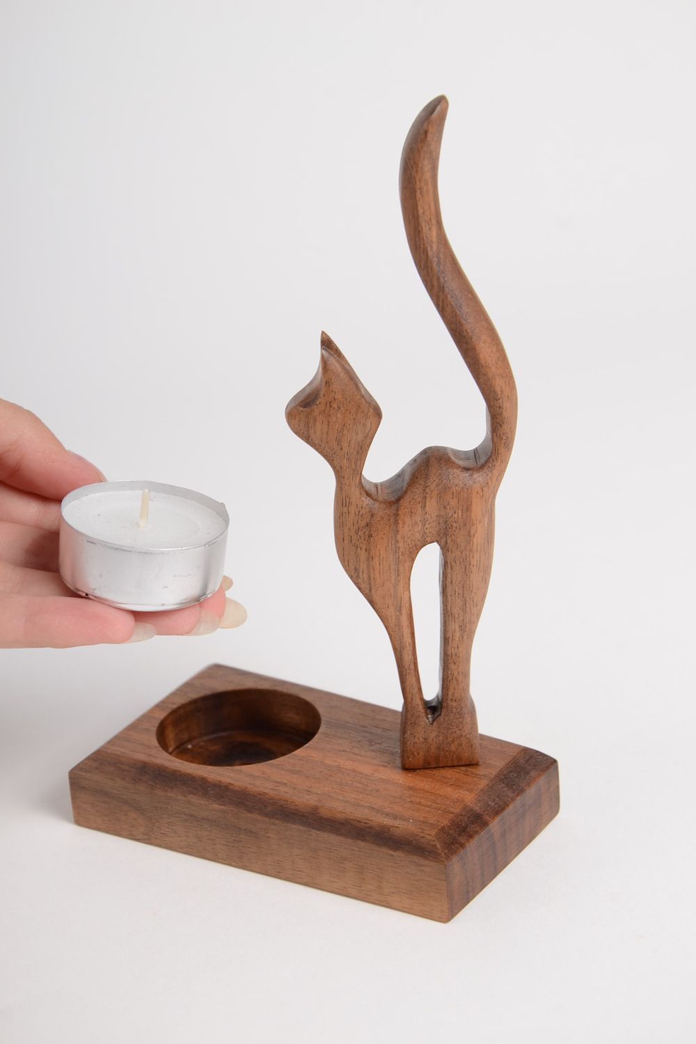 Handmade candlestick wooden candle holder wood decoration cat figurine photo 3