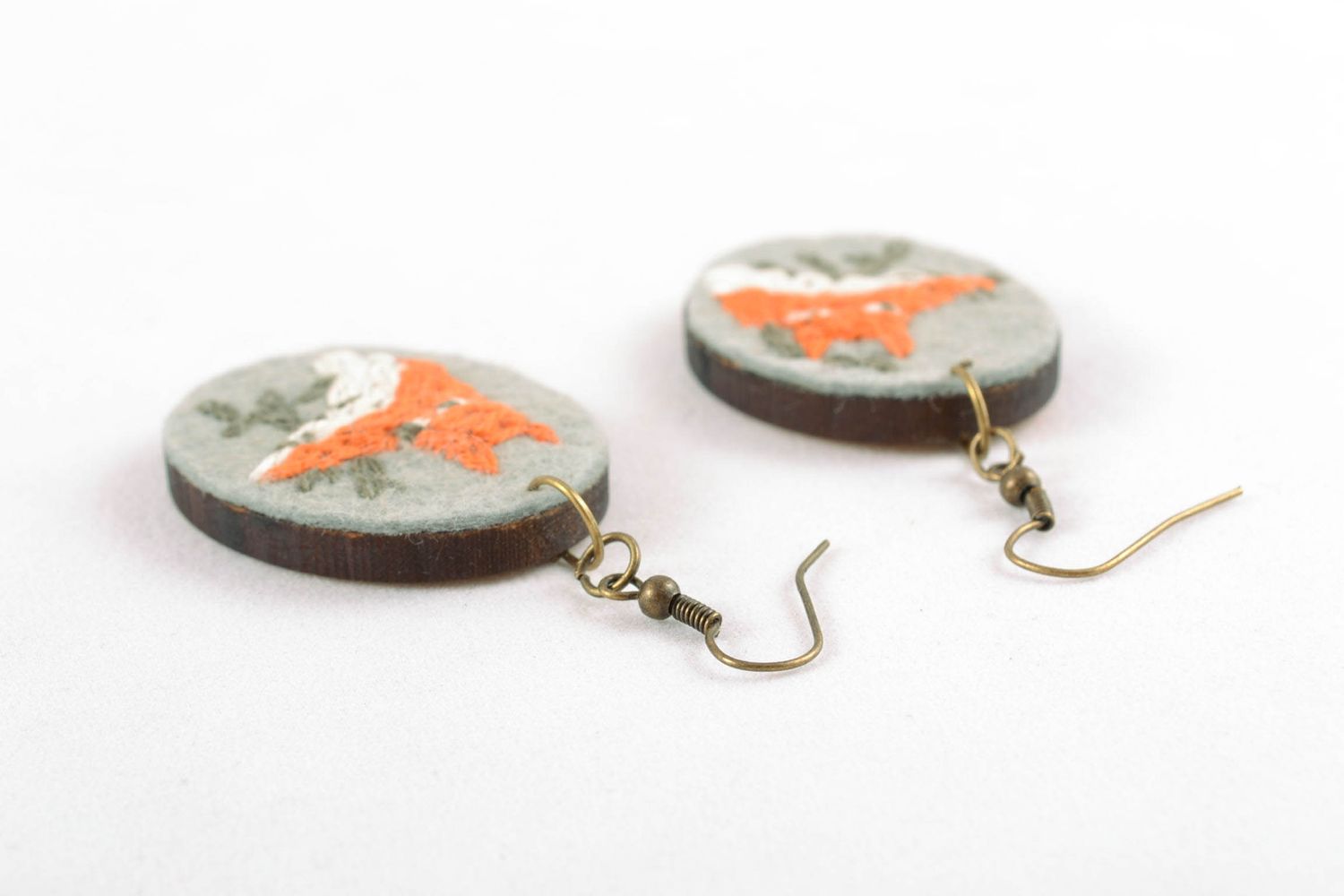 Wooden earrings with satin stitch embroidery Foxes photo 4