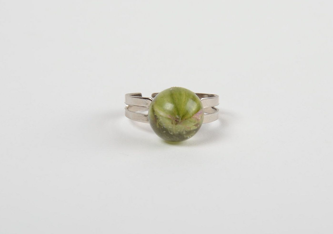 Tender small handmade ring with natural plant green leaf in epoxy resin  photo 5