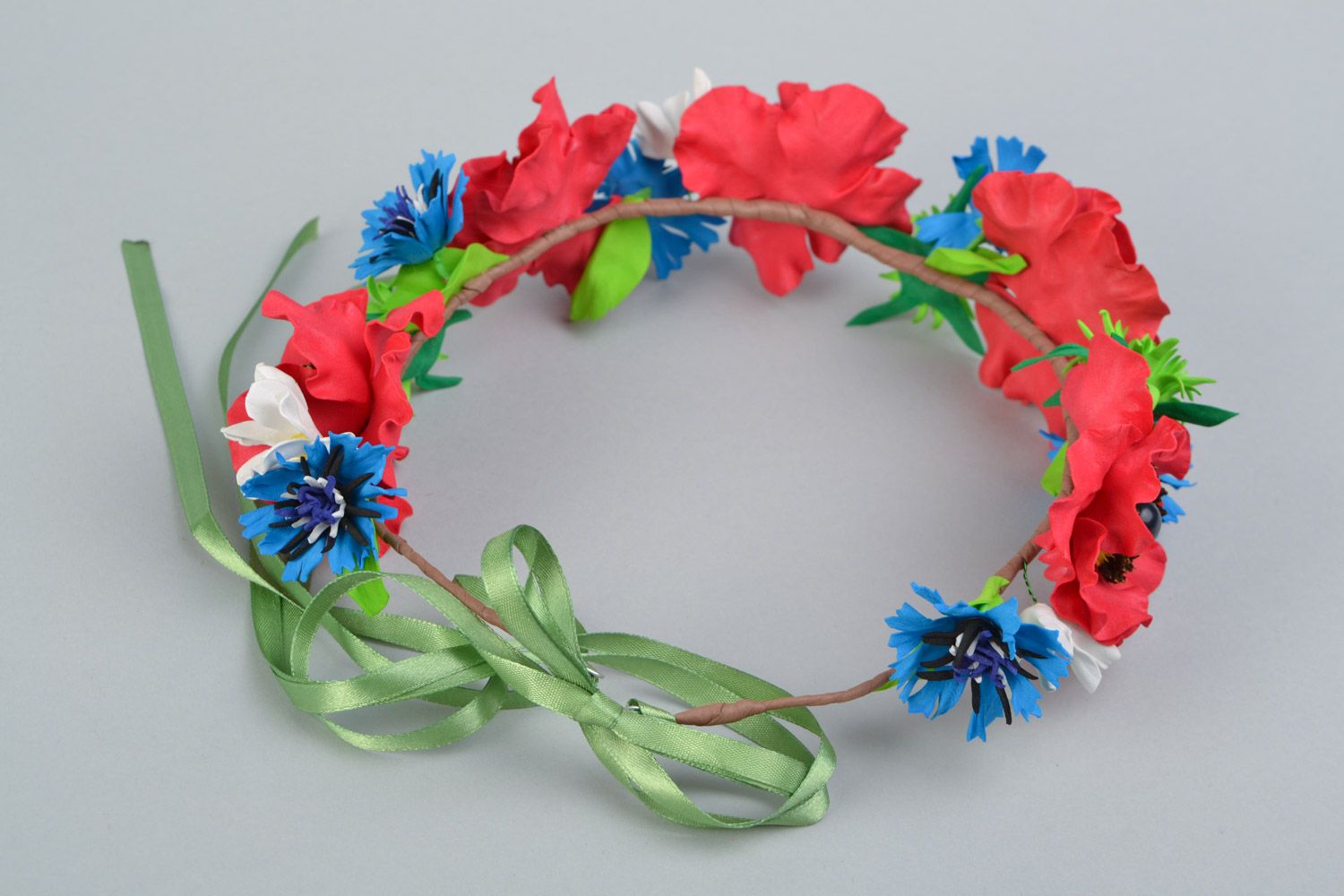 Handmade headband with artificial plastic suede flowers Red Poppies photo 4