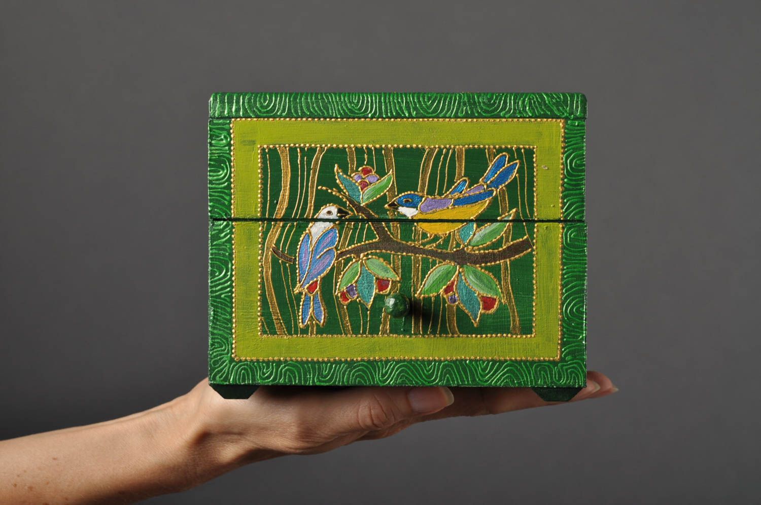Шкатулка ручной работы мини-комод деревянная шкатулка зеленая с птичками фото 4