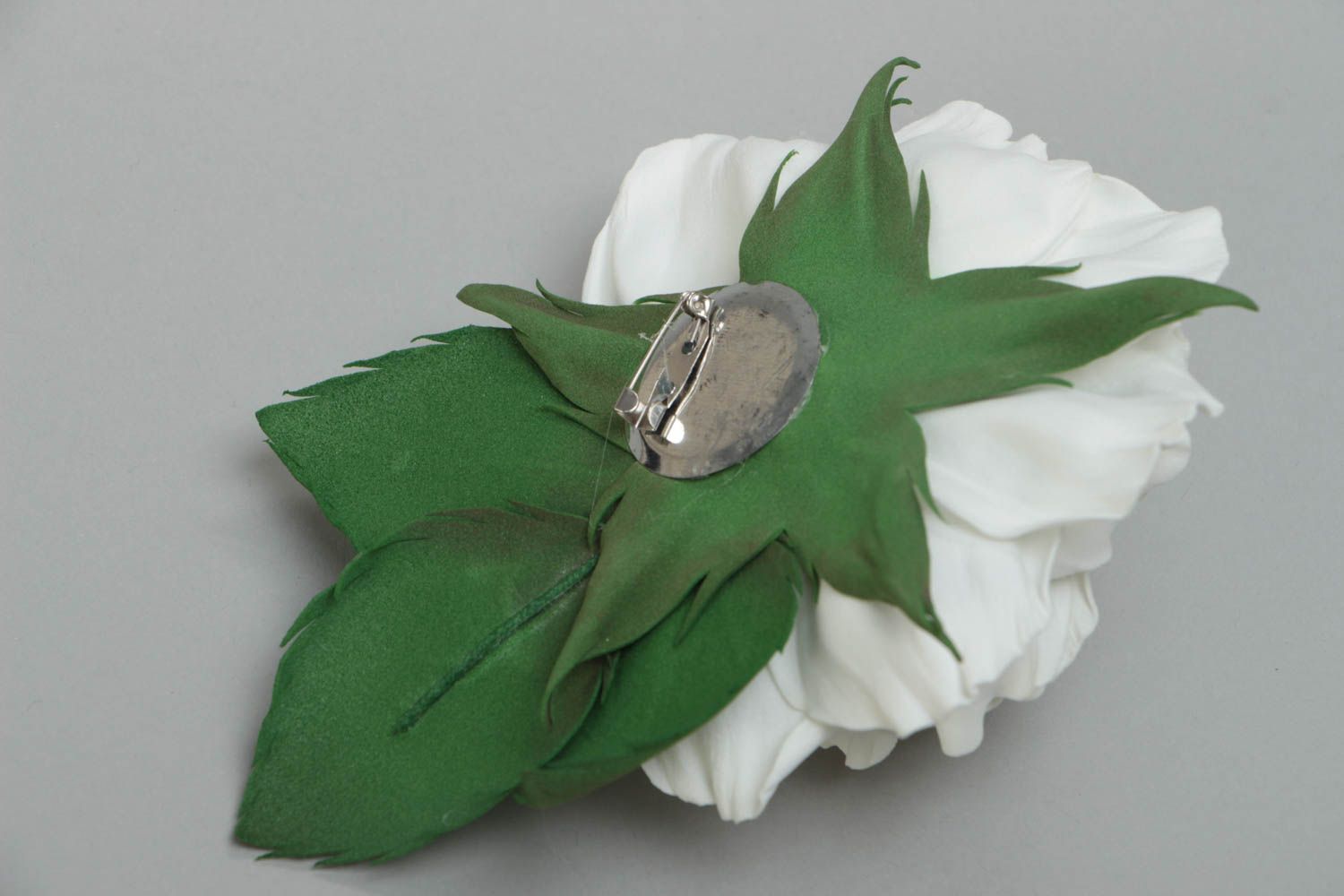 Handmade designer brooch with large volume white foamiran flower and green leaf photo 4