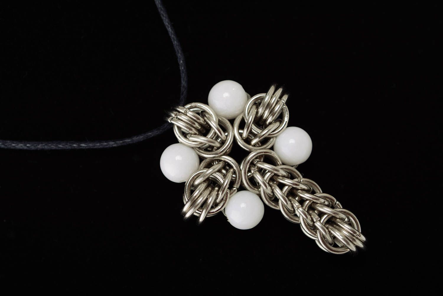 Metal cross on long cord chain mail weaving with white beads handmade accessory photo 4