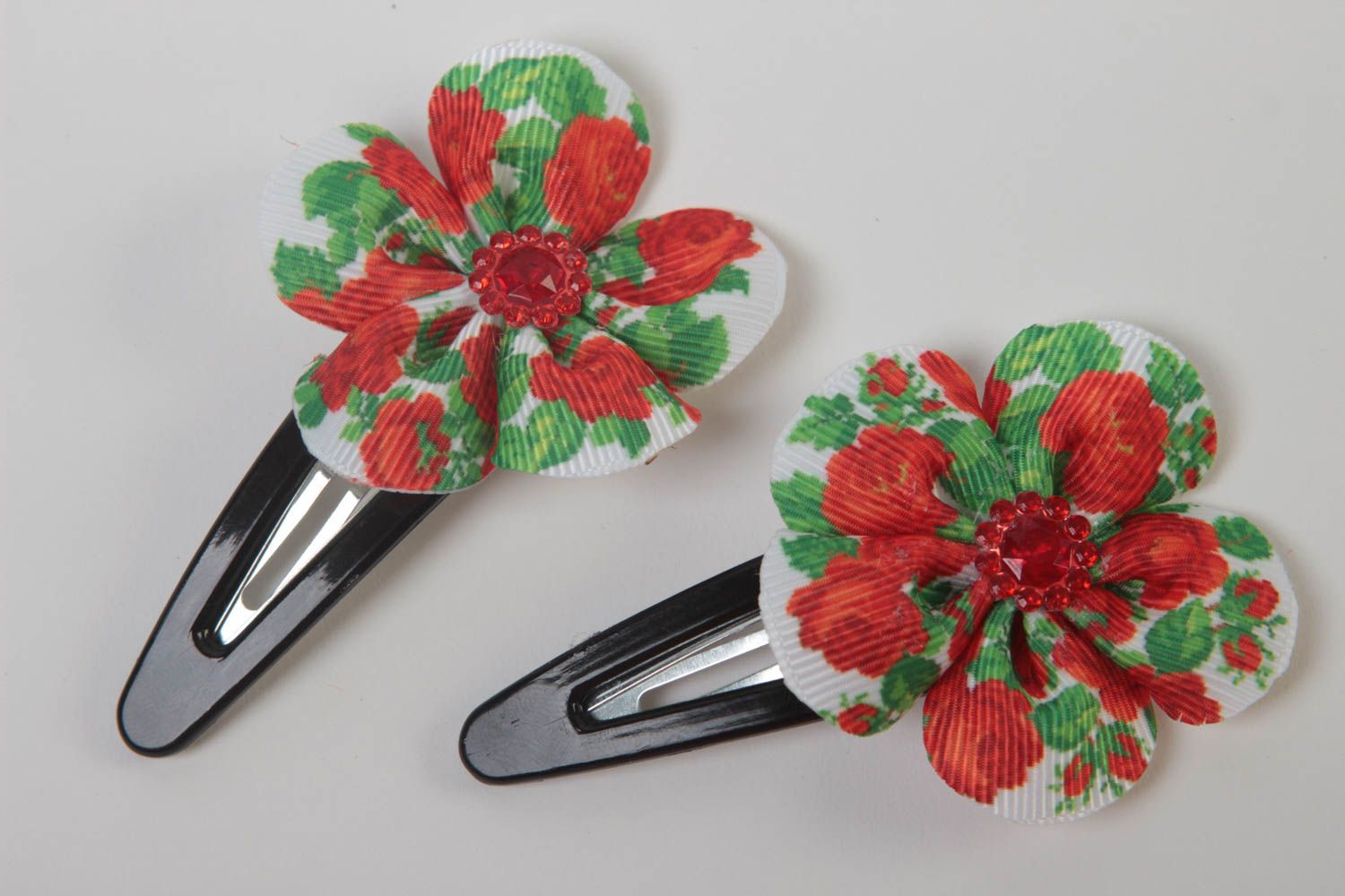 Set of 2 handmade textile barrettes flower hair clips accessories for girls  photo 2