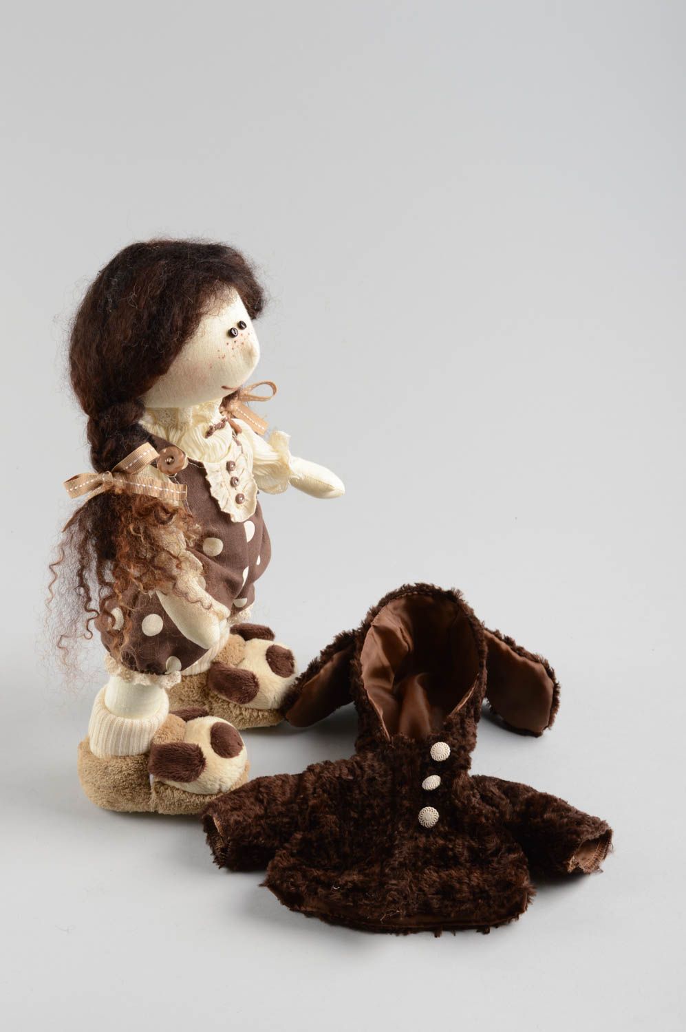 Unusual designer beautiful stylish handmade textile doll made of linen photo 3