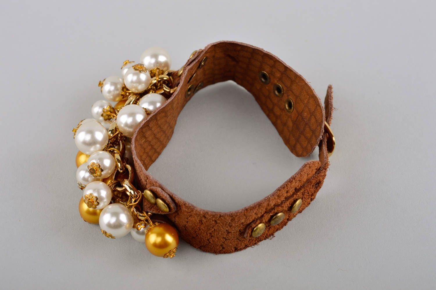 Handmade designer leather bracelet female brown bracelet wide wrist jewelry photo 4