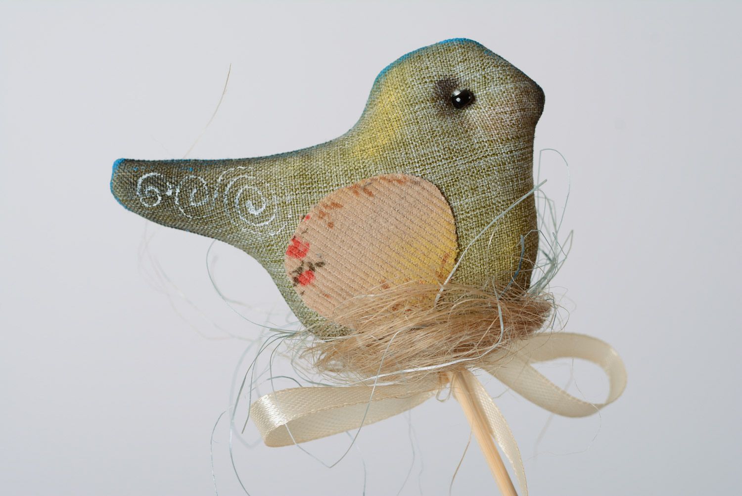 Handmade small soft toy on wooden stick flowerpot decoration sewn of linen Bird photo 4
