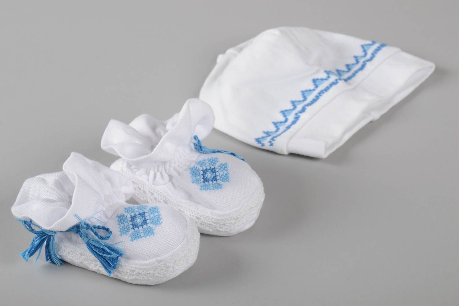 Handmade blaue Baby Mütze Schuhe für Neugeborene Baby Kleidung mit Stickerei foto 2