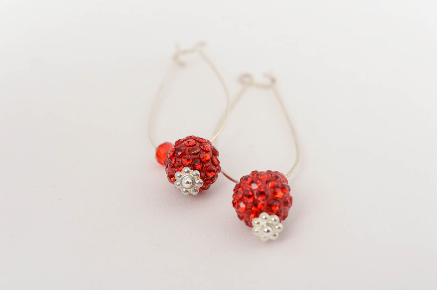 Handmade exquisite long dangle earrings with metal basis and red crystal beads photo 3