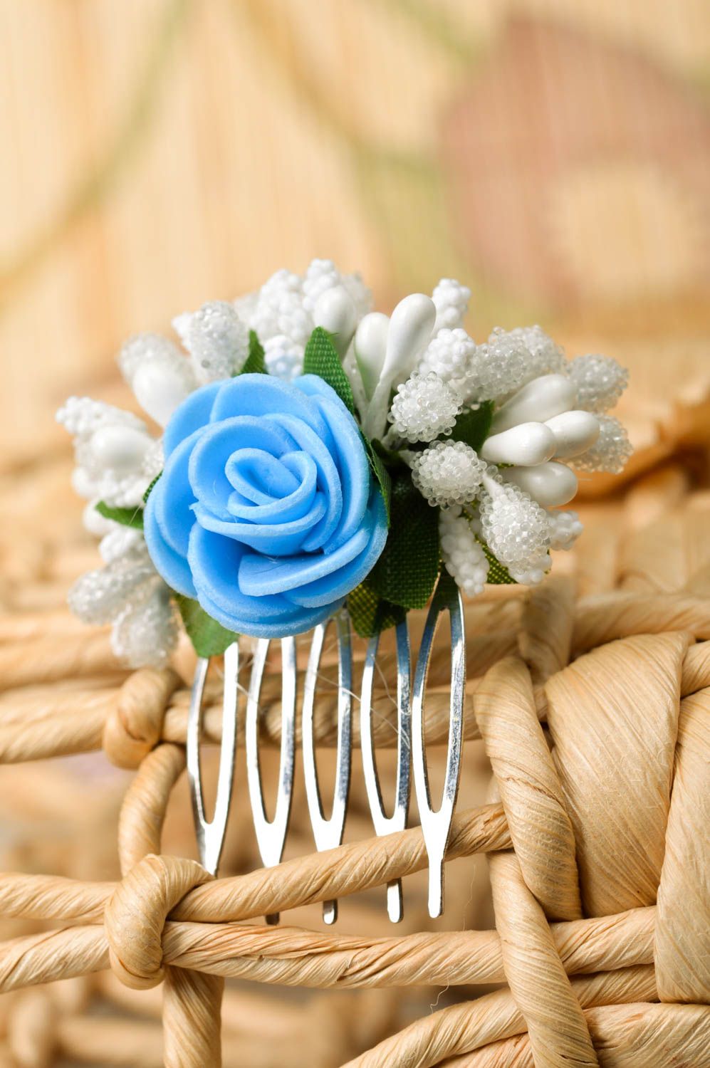 Peineta con flor azul adorno para el pelo hecho a mano accesorio para peinado foto 1